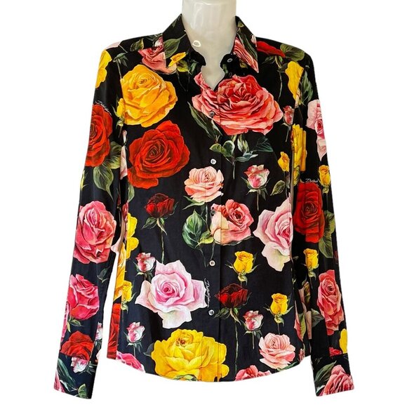 Dolce & Gabbana Tops - Dolce & Gabbana Fitted Long Sleeve Shirt Black Roses Print Handmade in Italy